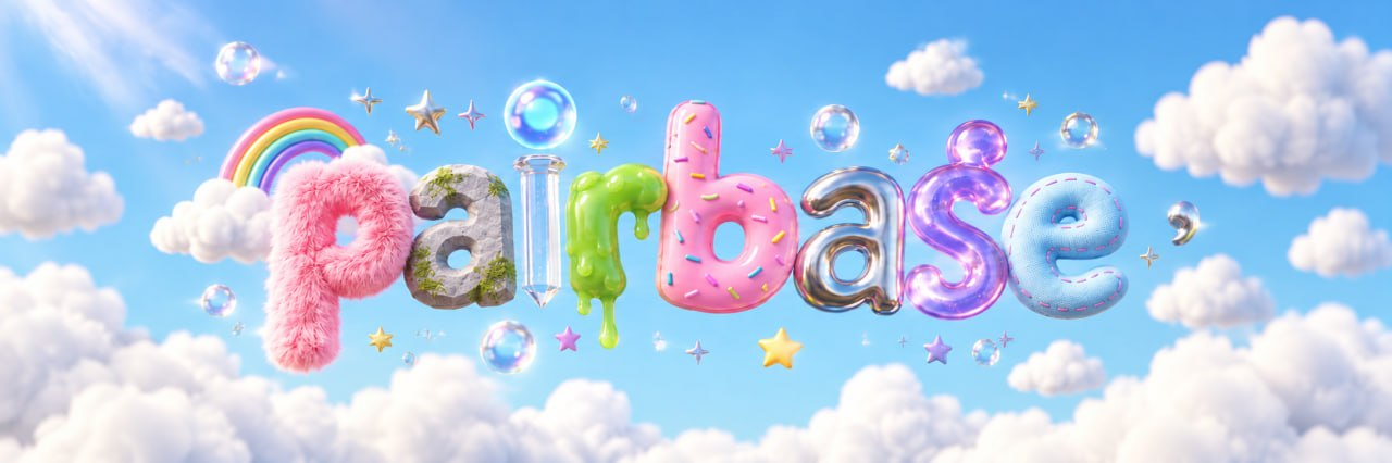 Colorful sculptural Pairbase lettering among clouds, a rainbow, stars, and iridescent bubbles in a bright blue sky